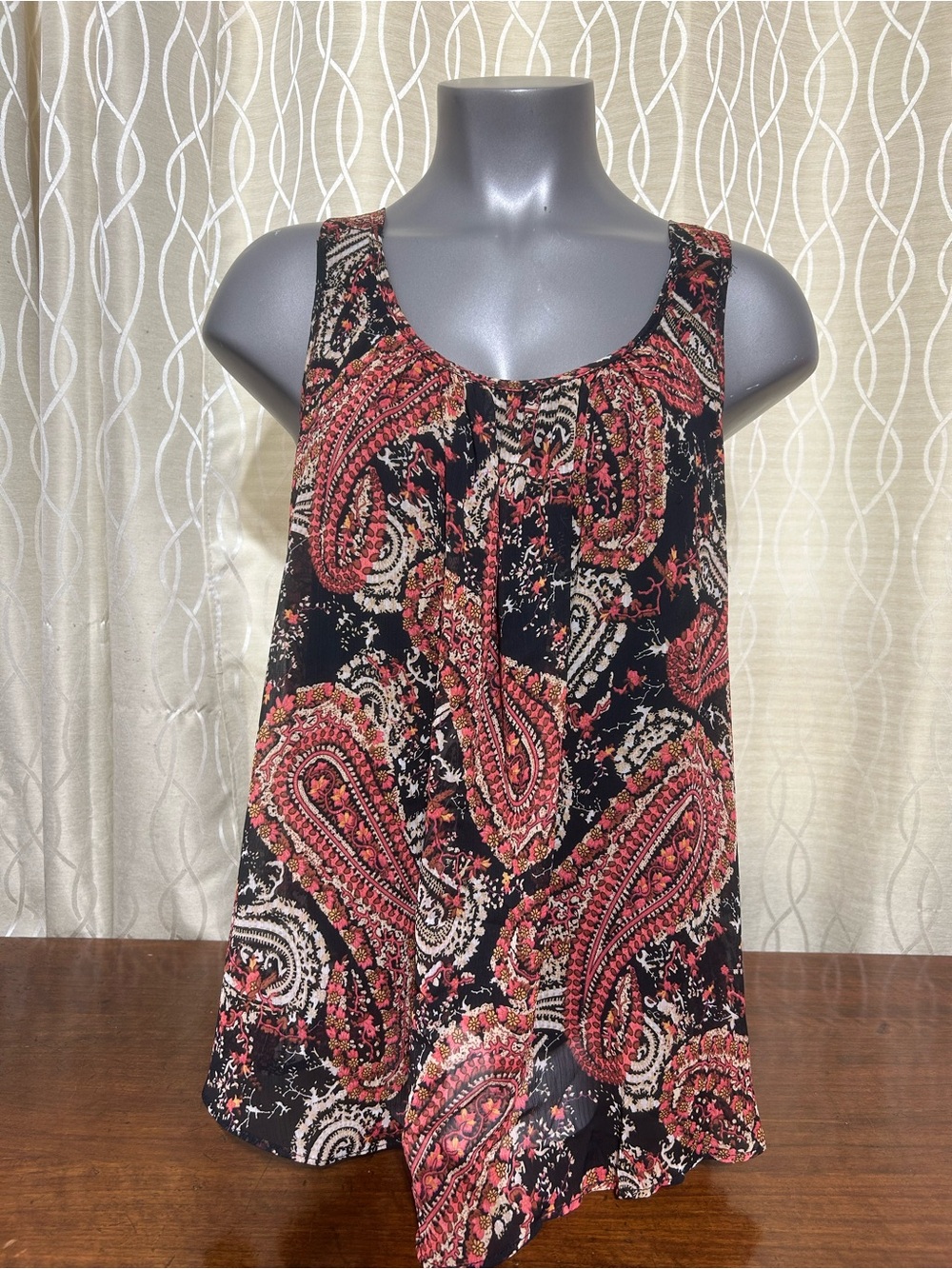 Ambiance Black Paisley Print Sleeveless Tank with Red & Cream Accents